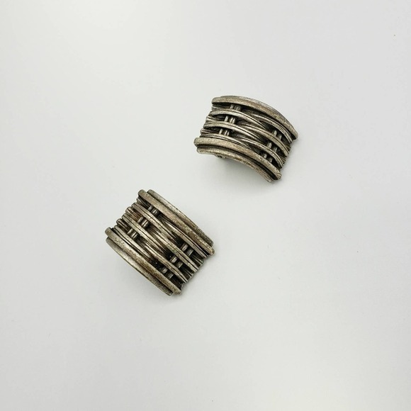 Vintage Earrings | 70s Tribal Silver Tone Clip-On - Picture 2 of 5
